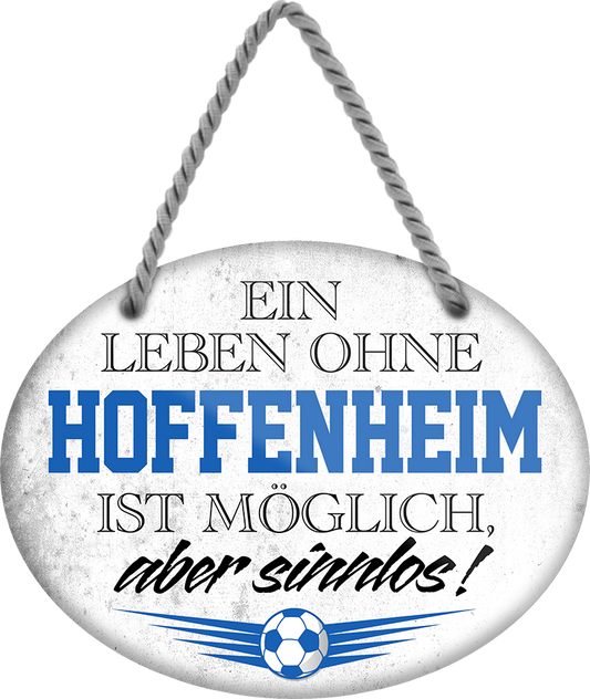 4252024247398	Schilderstore24	 ''Ein Leben ohne Hoffenheim ist sinnlos'' Schilderstore24 Blechschilder sind perfekt als Geschenk zu Weihnachten, Geburtstage, Feiern, Partys, Grillabende, Namenstag, Feiertag, Mädelsabend, Hochzeit. Jederzeit stilvoll im Wohnzimmer, Partykeller, Garage, Praxis, Büro, Café, Hauseingang Fußball Mannschaft Verein Bolzen Ball sport liga kicken stadion freizeit