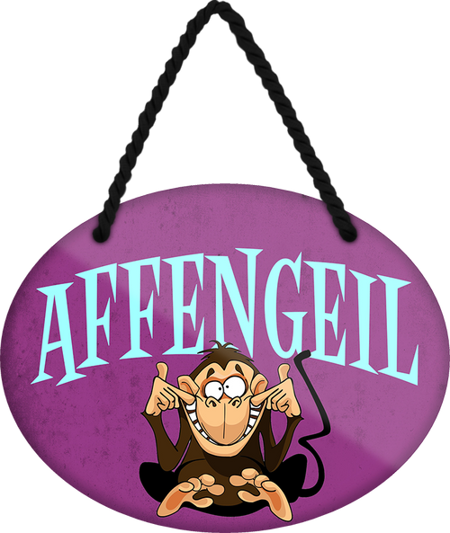 4252024248654		 ''Affengeil'' Schilderstore24 Blechschilder sind perfekt als Geschenk zu Weihnachten, Geburtstage, Feiern, Partys, Grillabende, Namenstag, Feiertag, Mädelsabend, Hochzeit. Jederzeit stilvoll im Wohnzimmer, Partykeller, Garage, Praxis, Büro, Café, Hauseingang Sarkasmus Ironie Funny Schwarzer Humor faul dumm fun rente lästern teufel
