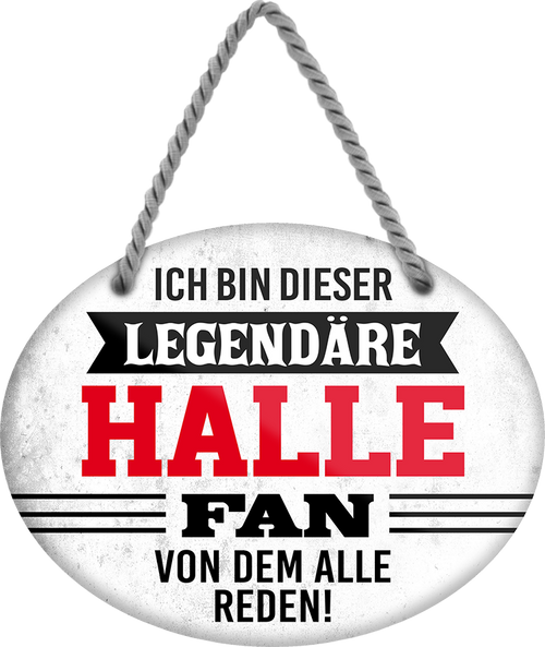 4252024249156		  ''Ich bin dieser legendäre Halle Fan'' Schilderstore24 Blechschilder sind perfekt als Geschenk zu Weihnachten, Geburtstage, Feiern, Partys, Grillabende, Namenstag, Feiertag, Mädelsabend, Hochzeit. Jederzeit stilvoll im Wohnzimmer, Partykeller, Garage, Praxis, Büro, Café, Hauseingang Fußball Mannschaft Verein Bolzen Ball sport liga kicken stadion freizeit