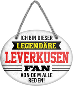 4252024249255		 ''Ich bin dieser legendäre Leverkusen Fan'' Schilderstore24 Blechschilder sind perfekt als Geschenk zu Weihnachten, Geburtstage, Feiern, Partys, Grillabende, Namenstag, Feiertag, Mädelsabend, Hochzeit. Jederzeit stilvoll im Wohnzimmer, Partykeller, Garage, Praxis, Büro, Café, Hauseingang Fußball Mannschaft Verein Bolzen Ball sport liga kicken stadion freizeit
