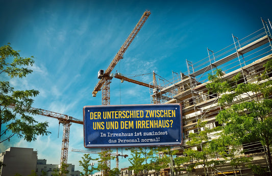 Blechschild ''Der Unterschied zwischen uns und dem Irrenhaus'' 28x12cm