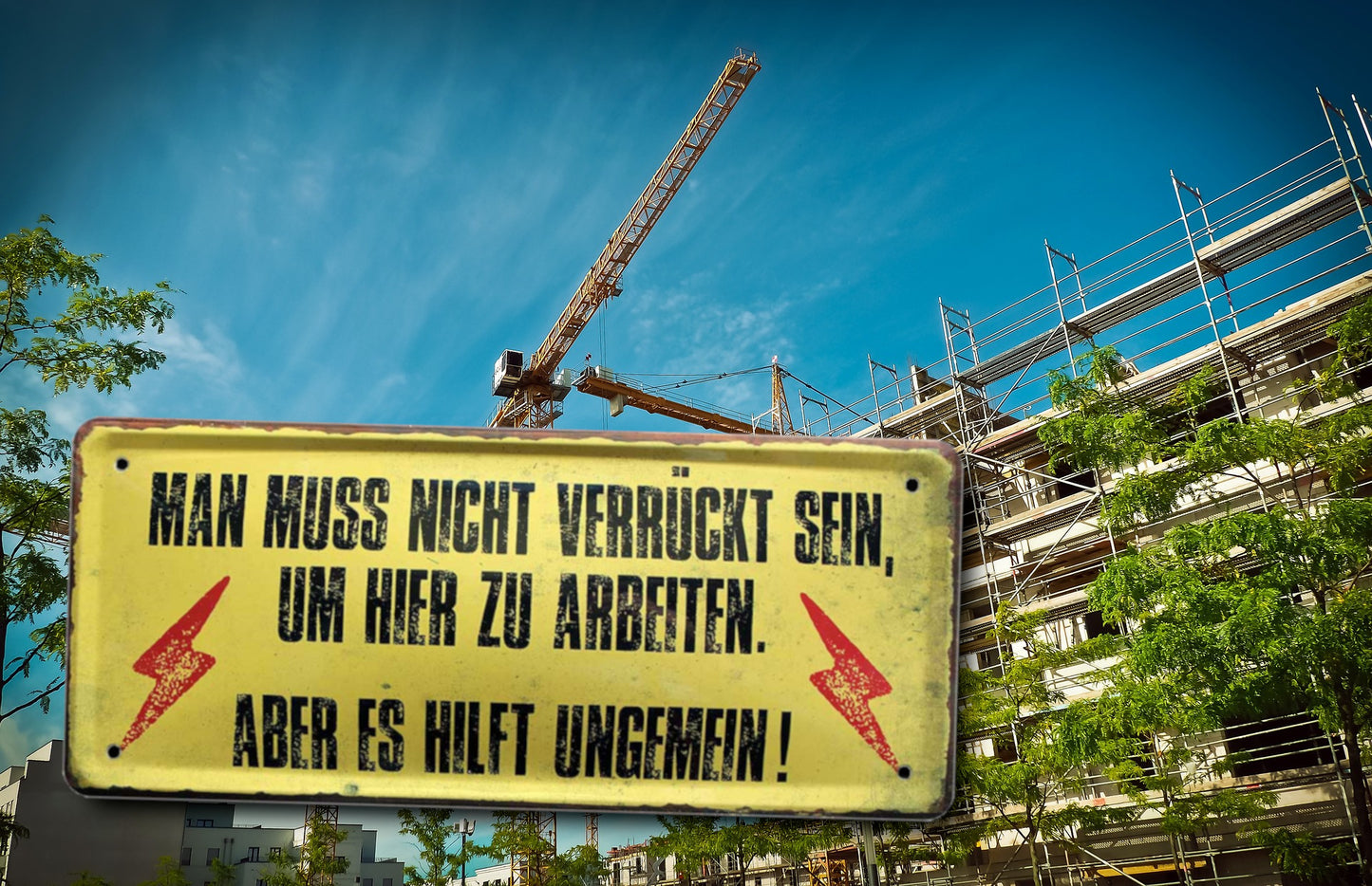 Blechschild ''Man muss nicht verrückt sein um hier zu arbeiten es hilft'' 28x12cm