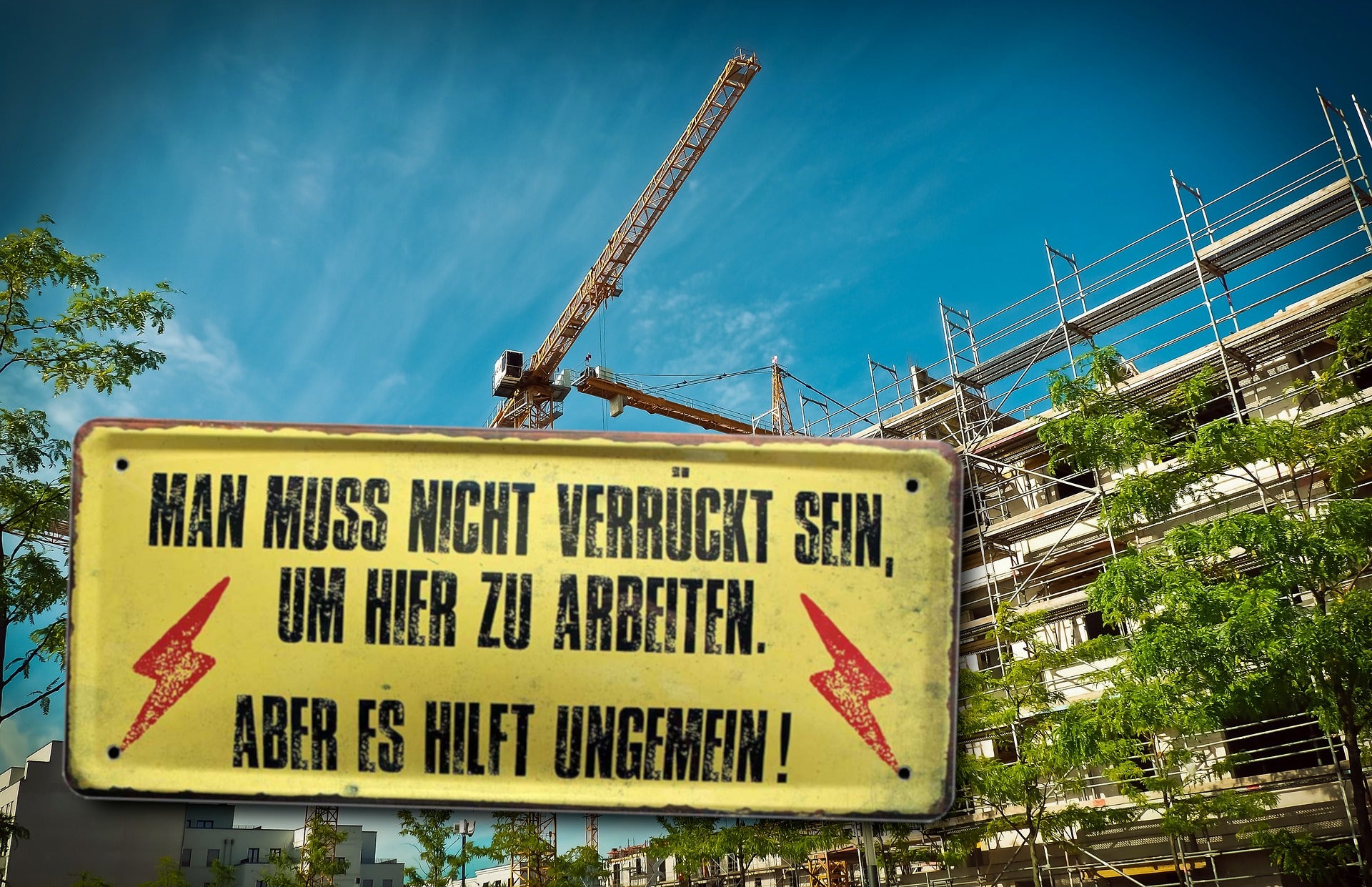 Blechschild ''Man muss nicht verrückt sein um hier zu arbeiten es hilft'' 28x12cm