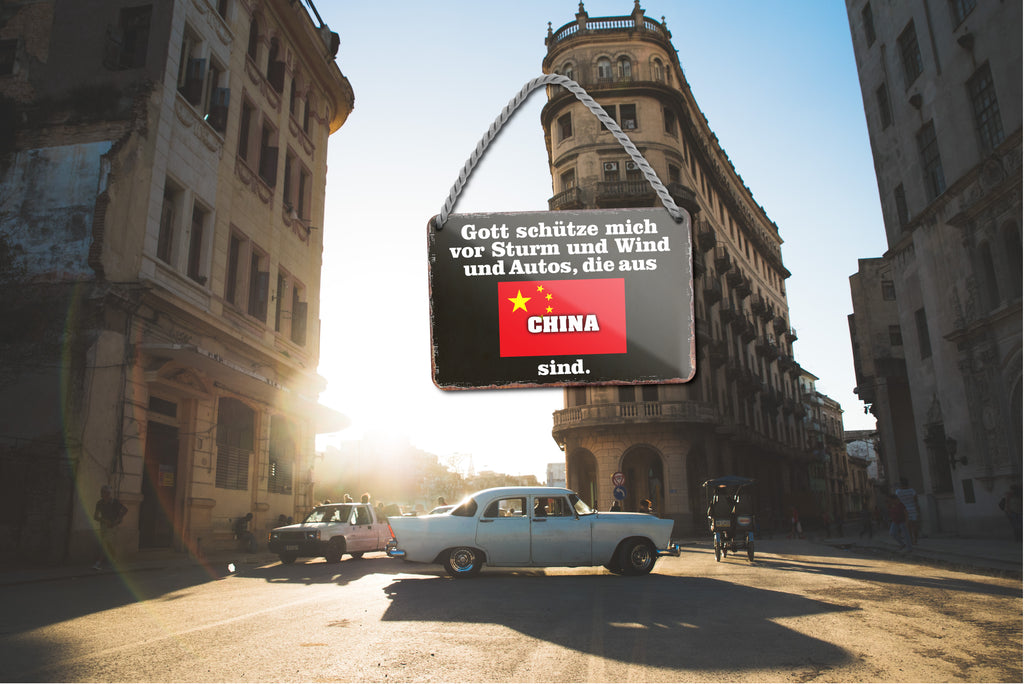 Blechschild ''Gott schütze vor Autos aus China'' 18x12cm