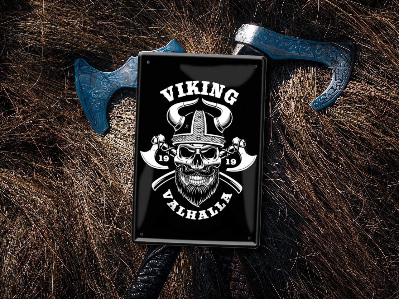 Tin sign "Viking Valhalla (black, axes)" 20x30cm