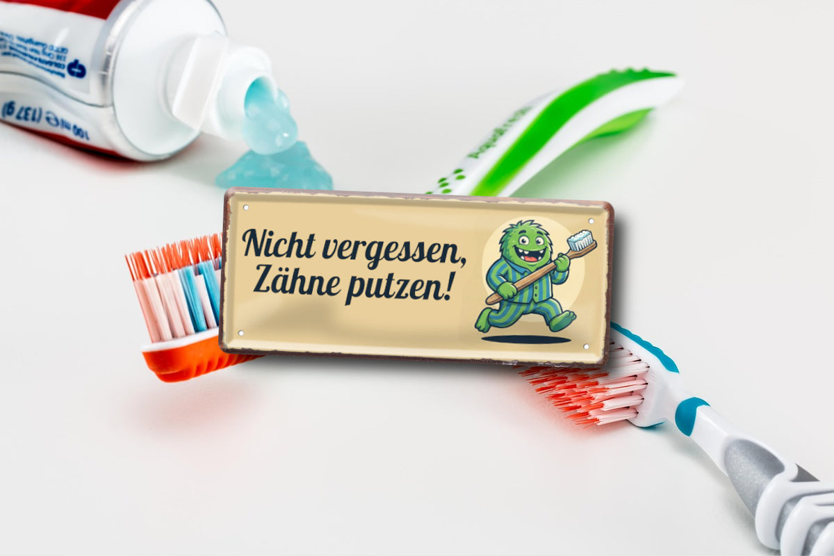 Blechschild ''Nicht vergessen, Zähne putzen! (monster)'' 28x12cm