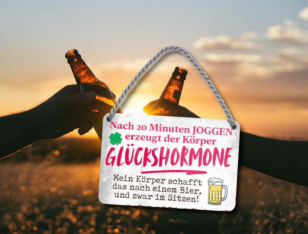 Blechschild ''Nach 20 min Joggen Glückhormone Bier'' 18x12cm