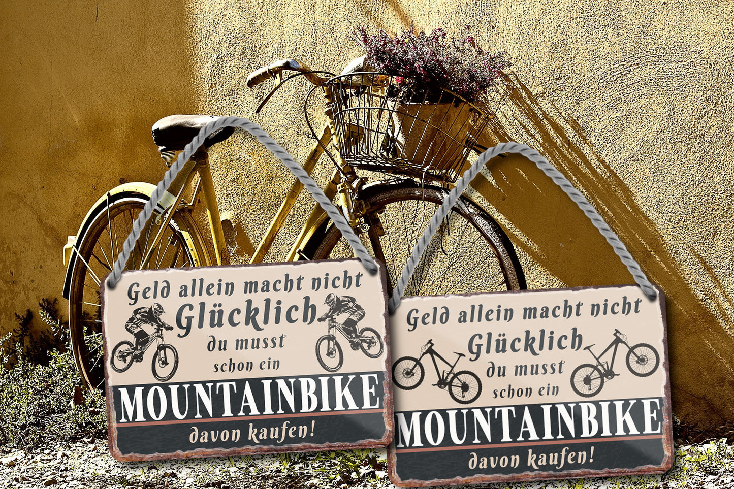 Blechschild ''Geld allein macht nicht glücklich Mountainbike (mit fahrer)'' 18x12cm