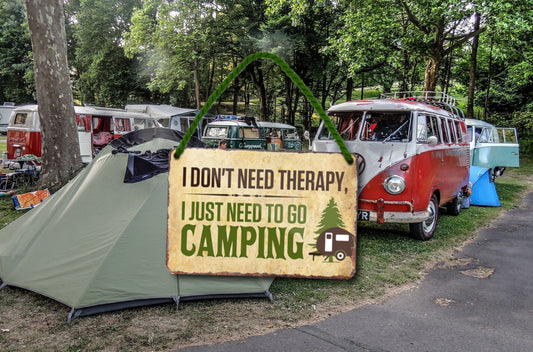 Tin sign ''I don't need therapy, I just need to go camping'' 18x12cm