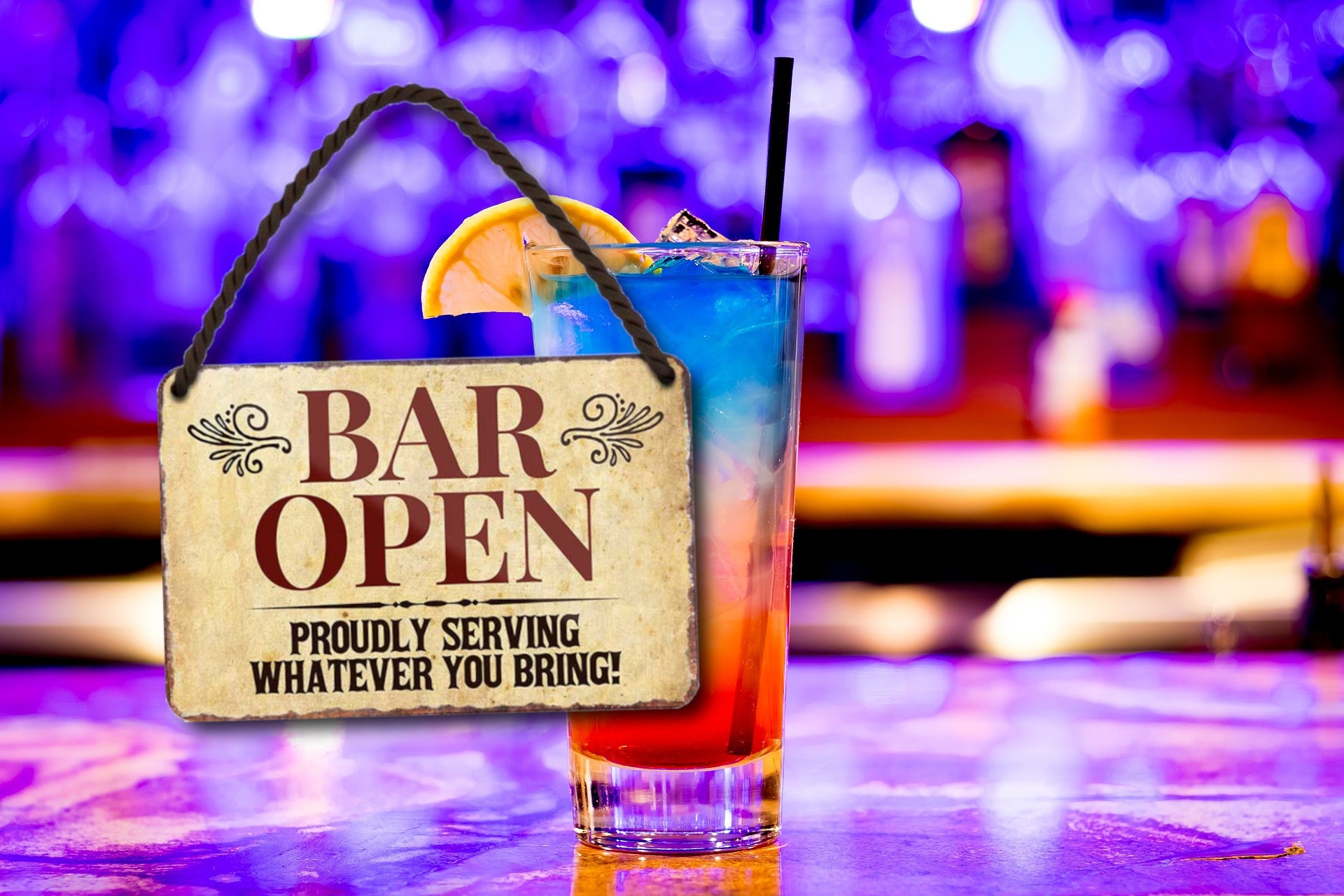 Blechschild ''Bar Open. Proudly severing whatever you bring'' 18x12cm