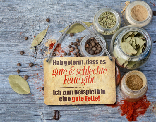 Blechschild ''Hab gelernt, dass es gute&schlechte Fette gibt'' 18x12cm