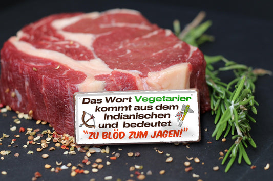 Blechschild ''Das Wort Vegetarier.. zu blöd zum jagen'' 28x12cm