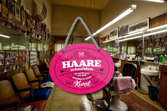 Blechschild ''Haare schneiden ist kein Job sondern Kunst'' 18x14cm