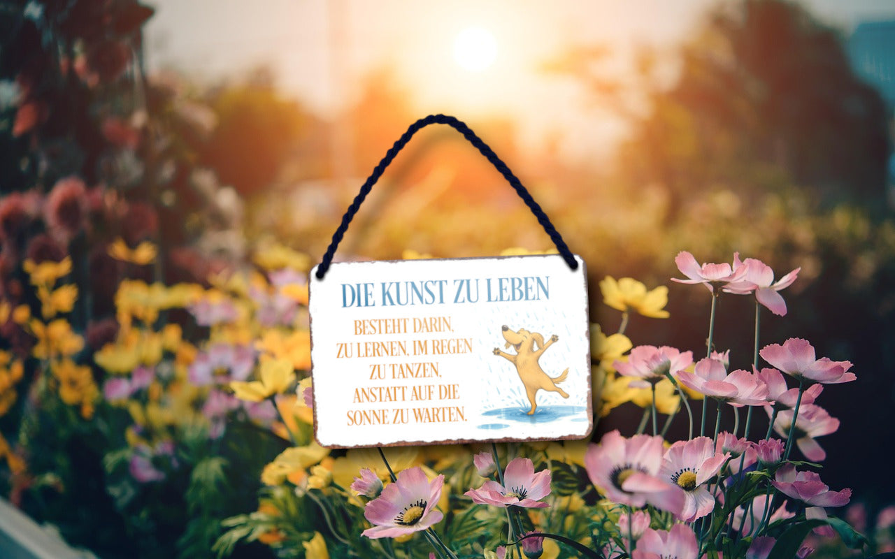 Blechschild ''Die Kunst zu Leben.. im Regen tanzen'' 18x12cm