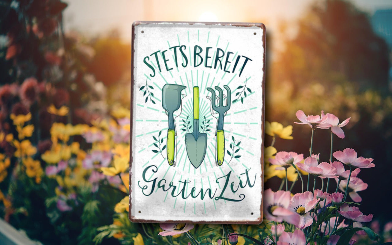 Blechschild ''Stets bereit GartenZeit (Gartenwerkzeuge)'' 20x30cm