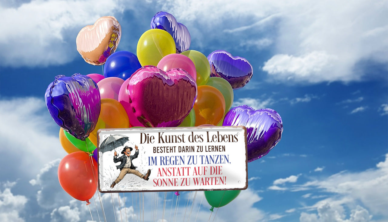 Blechschild ''Die Kunst des Lebens. im Regen tanzen'' 28x12cm