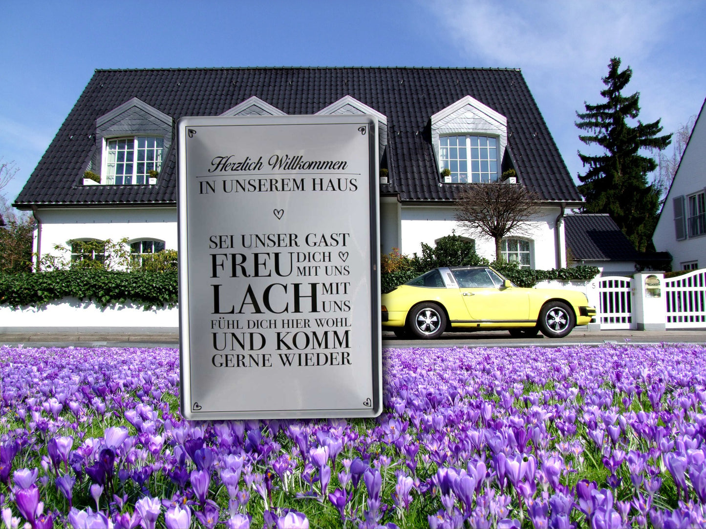 Blechschild ''Herzlich Willkommen sei unser Gast, Freu dich Lach'' 20x30cm