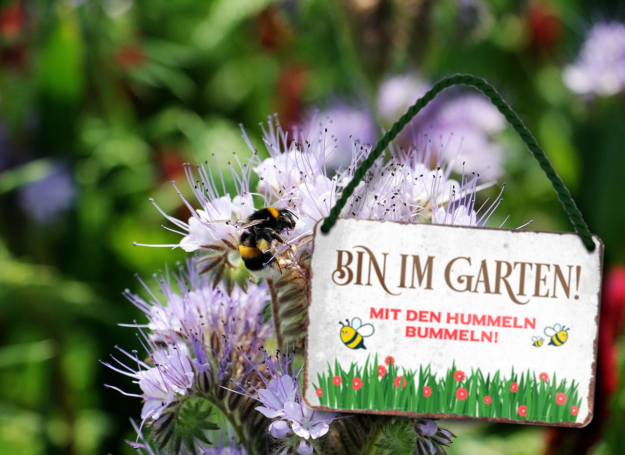 Blechschild ''Bin im Garten mit den Hummeln bummeln'' 18x12cm