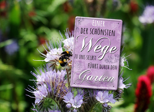 Blechschild ''Einer der schönsten Wege führt durch den Garten'' 20x30cm
