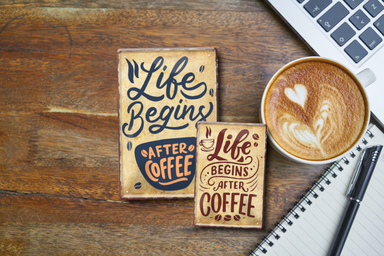 Blechschild ''Life begins after coffee (kleine Tasse)'' 20x30cm