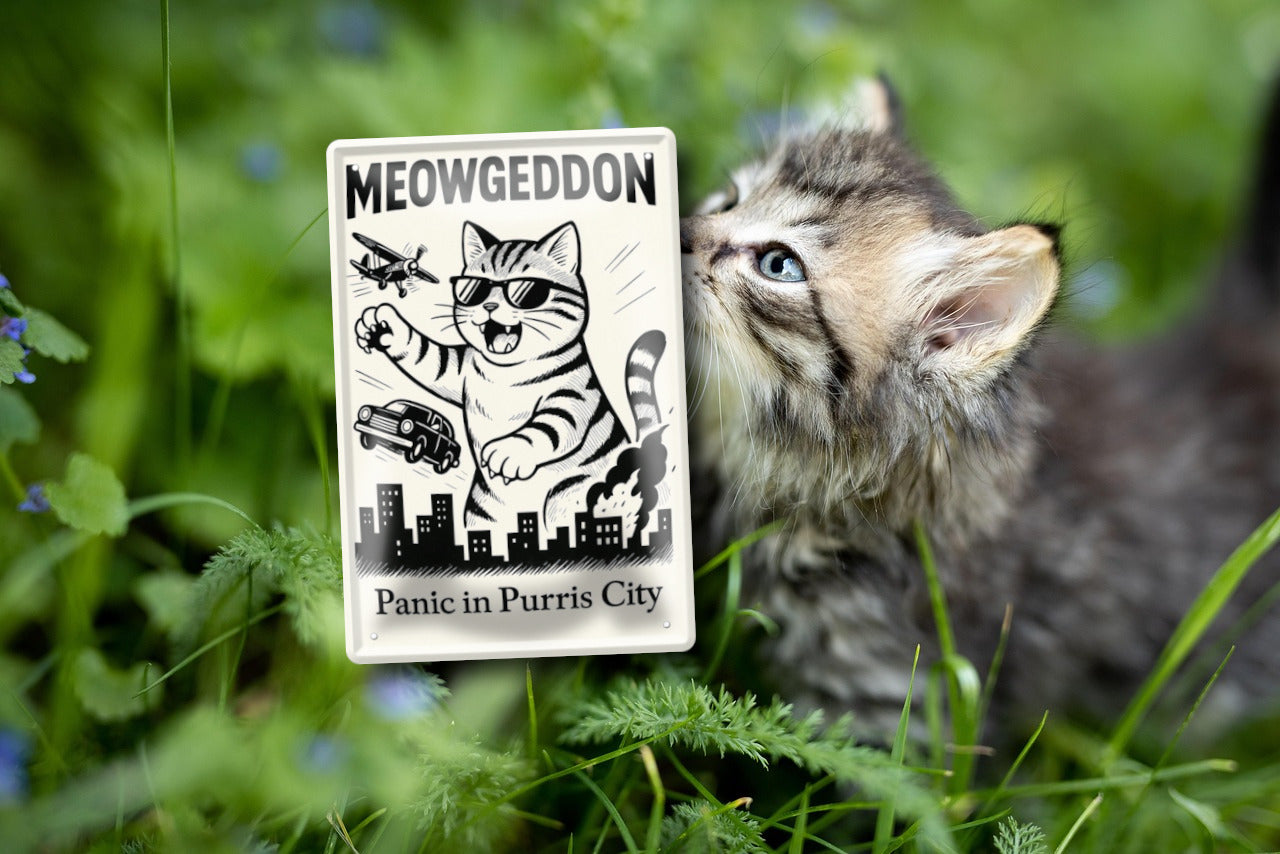 Blechschild ''Meowgeddon. Panic in Purris City'' 20x30cm