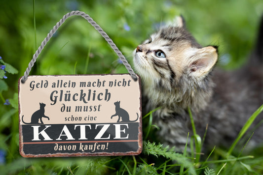 Blechschild ''Geld allein macht nicht glücklich Katze'' 18x12cm