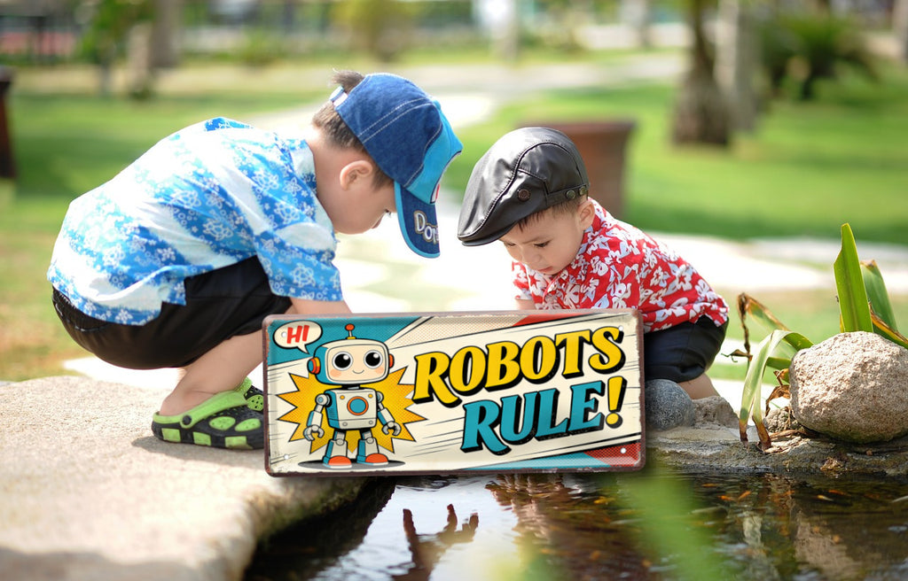 Blechschild ''Robots Rule!  (roboter links)'' 28x12cm