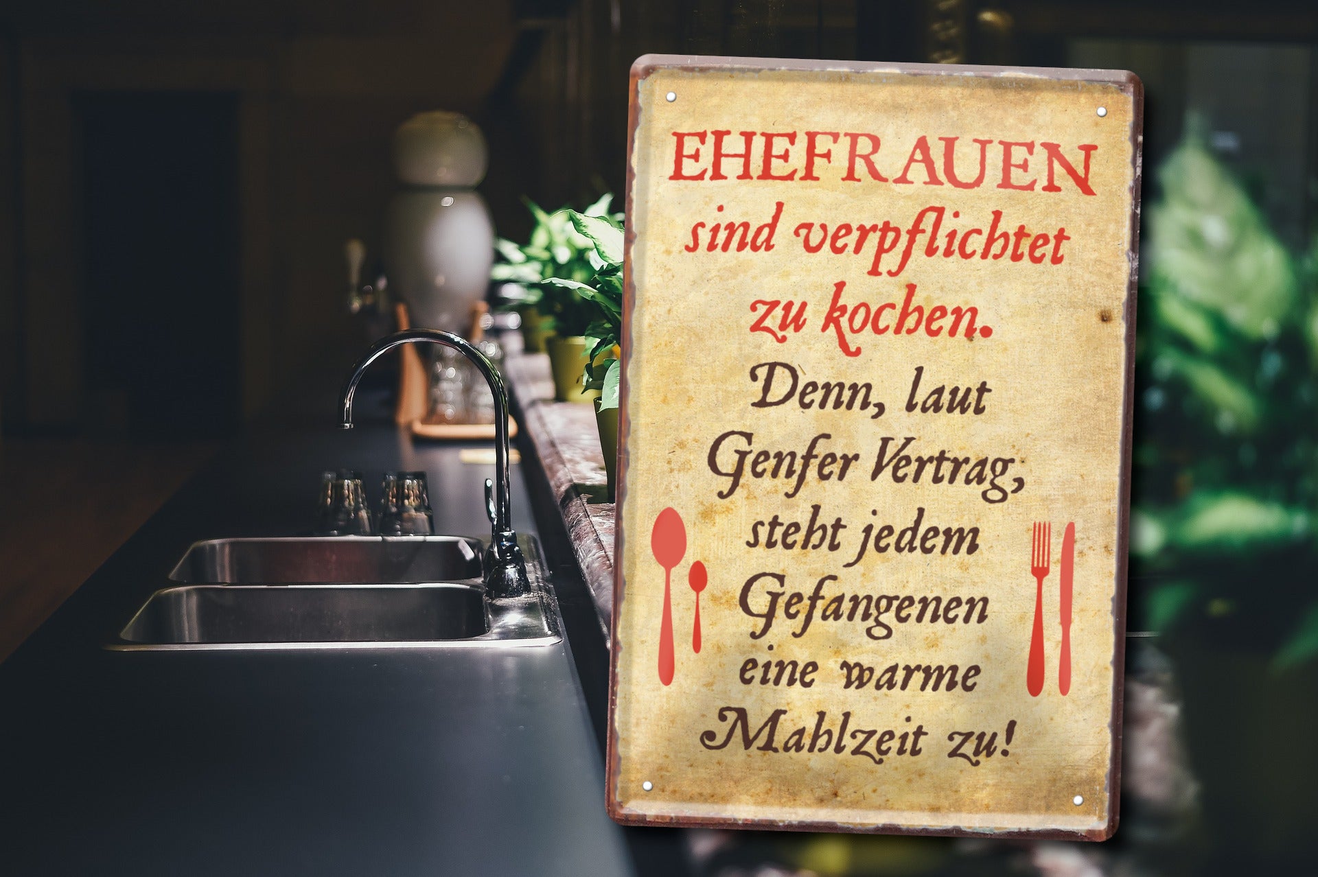 Blechschild ''Ehefrauen sind verpflichtet zu kochen'' 20x30cm