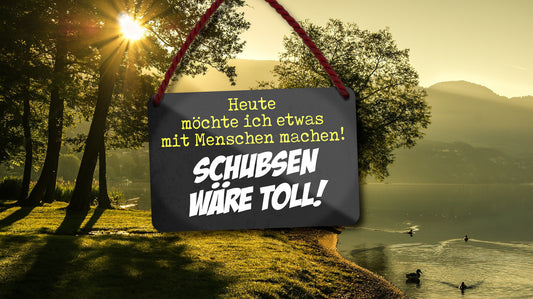 Blechschild ''Heute möchte ich etwas mit Menschen machen Schubsen'' 18x12cm