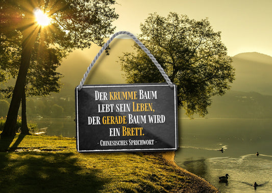 Blechschild ''Der krumme Baum lebt sein Leben, der gerade Baum wird ein Brett'' 18x12cm