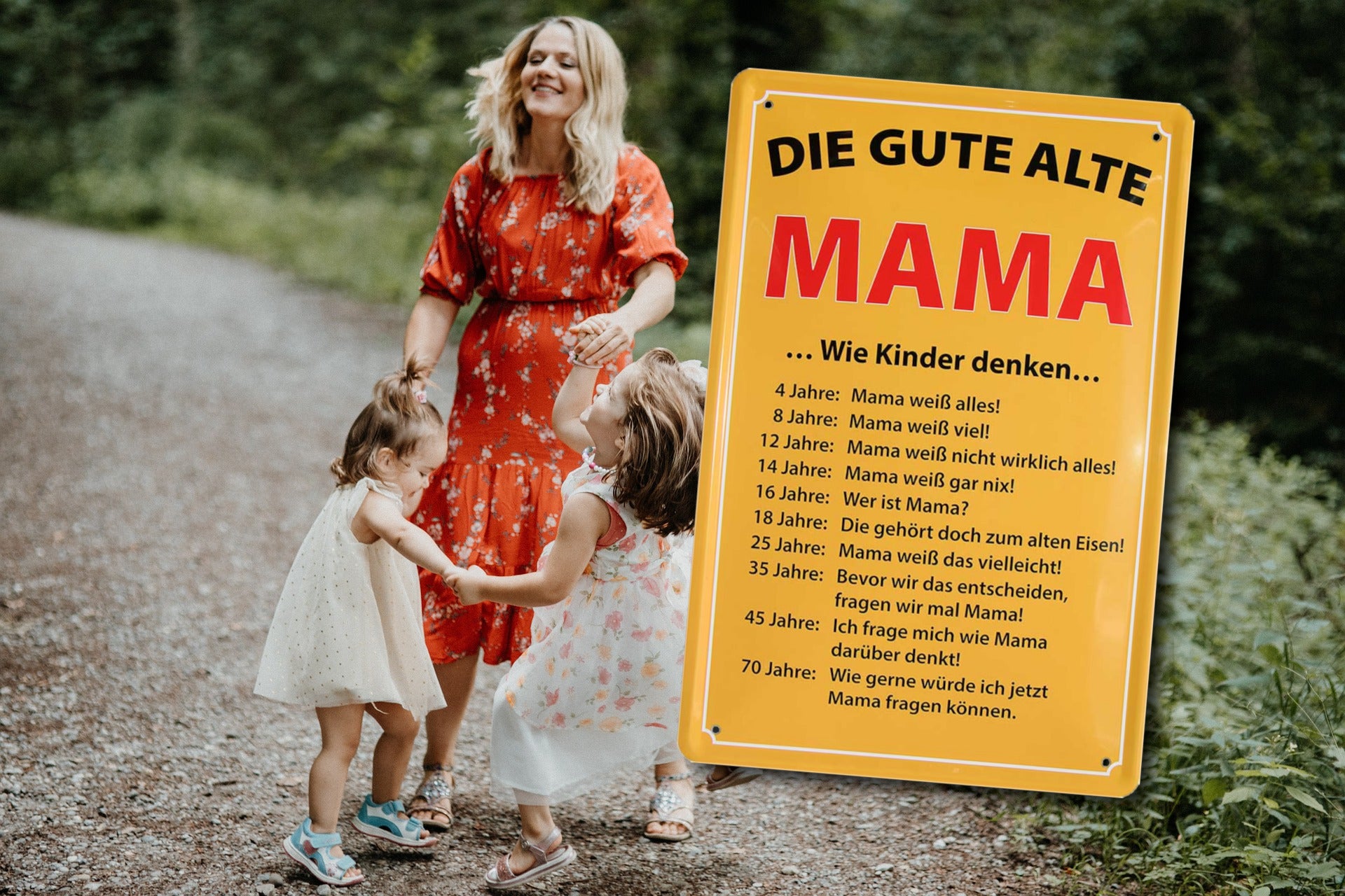 Tin sign "The good old mom.. How children think" 20x30cm