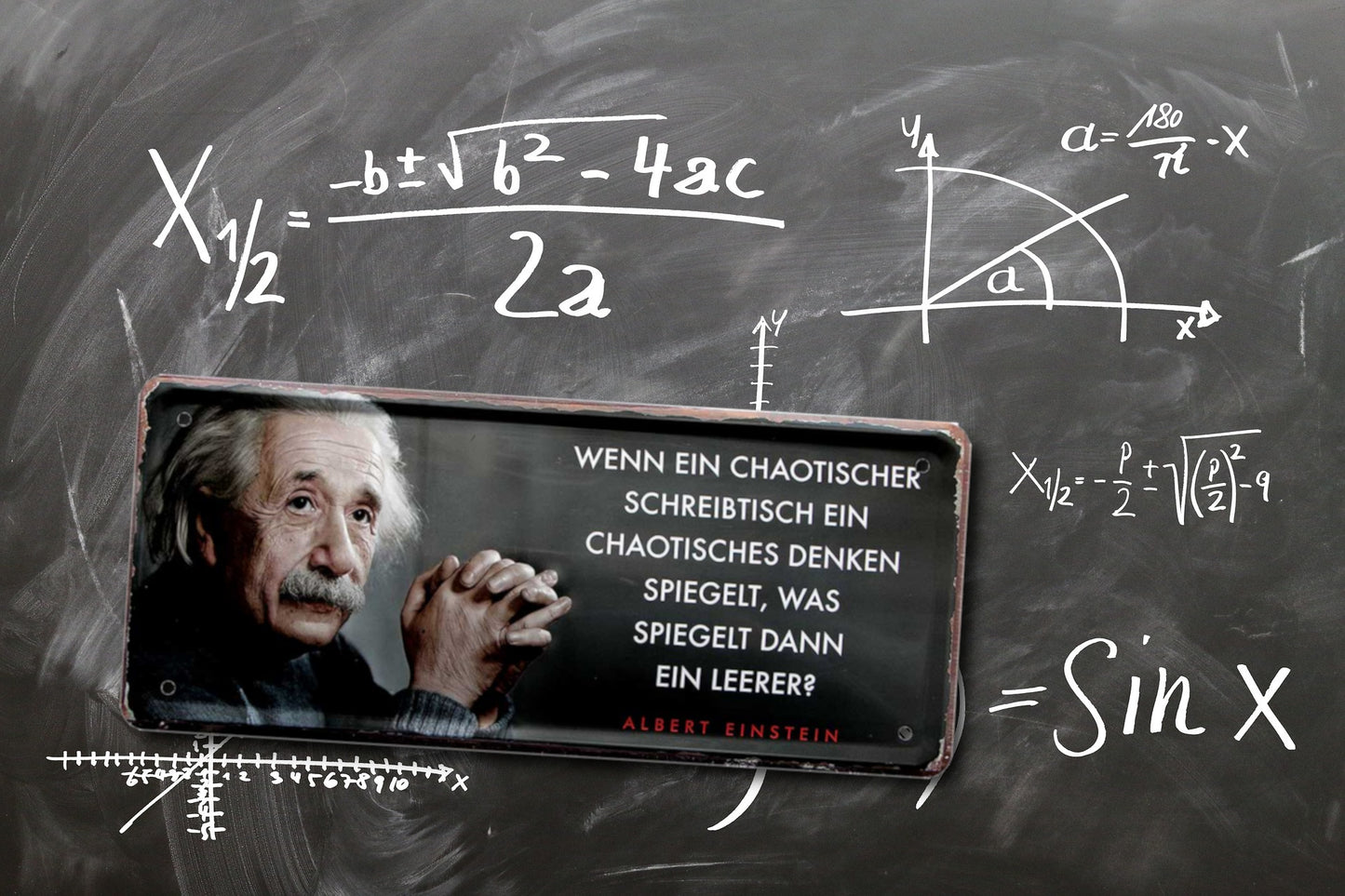 Blechschild ''chaotischer Schreibtisch chaotisches Denken spiegelt (Einstein)'' 28x12cm