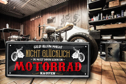 Blechschild ''Geld allein macht nicht glücklich Motorrad'' 28x12cm