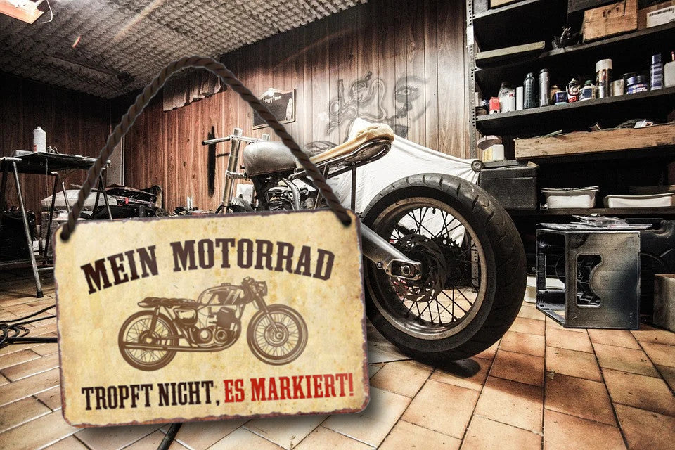 Blechschild ''Mein Motorrad tropft nicht, es markiert'' 18x12cm