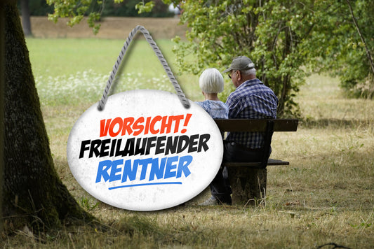 Blechschild ''Vorsicht, freilaufender Rentner'' 18x14cm