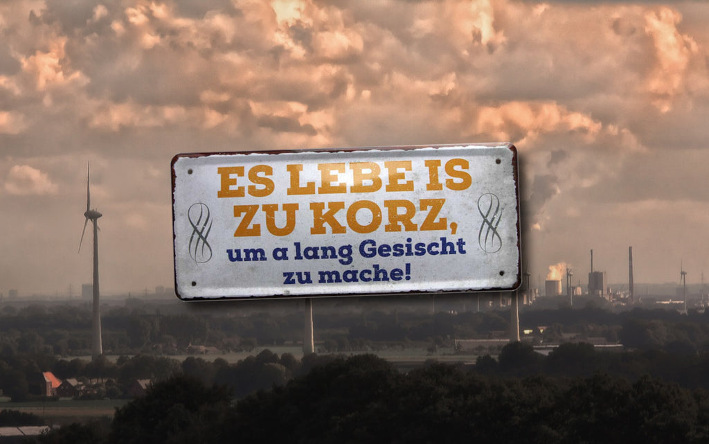 Blechschild ''Es Lebe is zu korz, um a lang Gesicht zu mache'' 28x12cm
