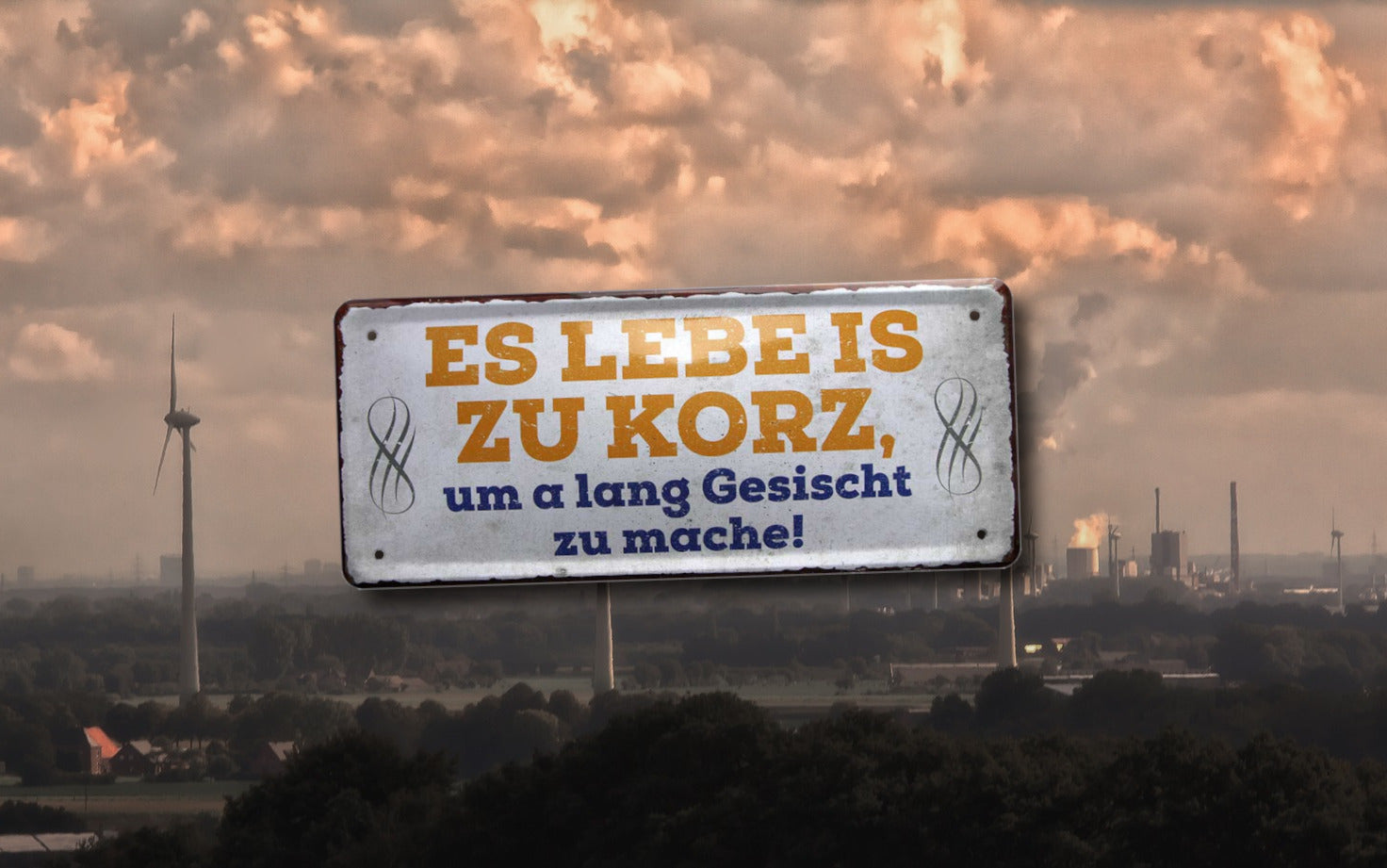 Blechschild ''Es Lebe is zu korz, um a lang Gesicht zu mache'' 28x12cm
