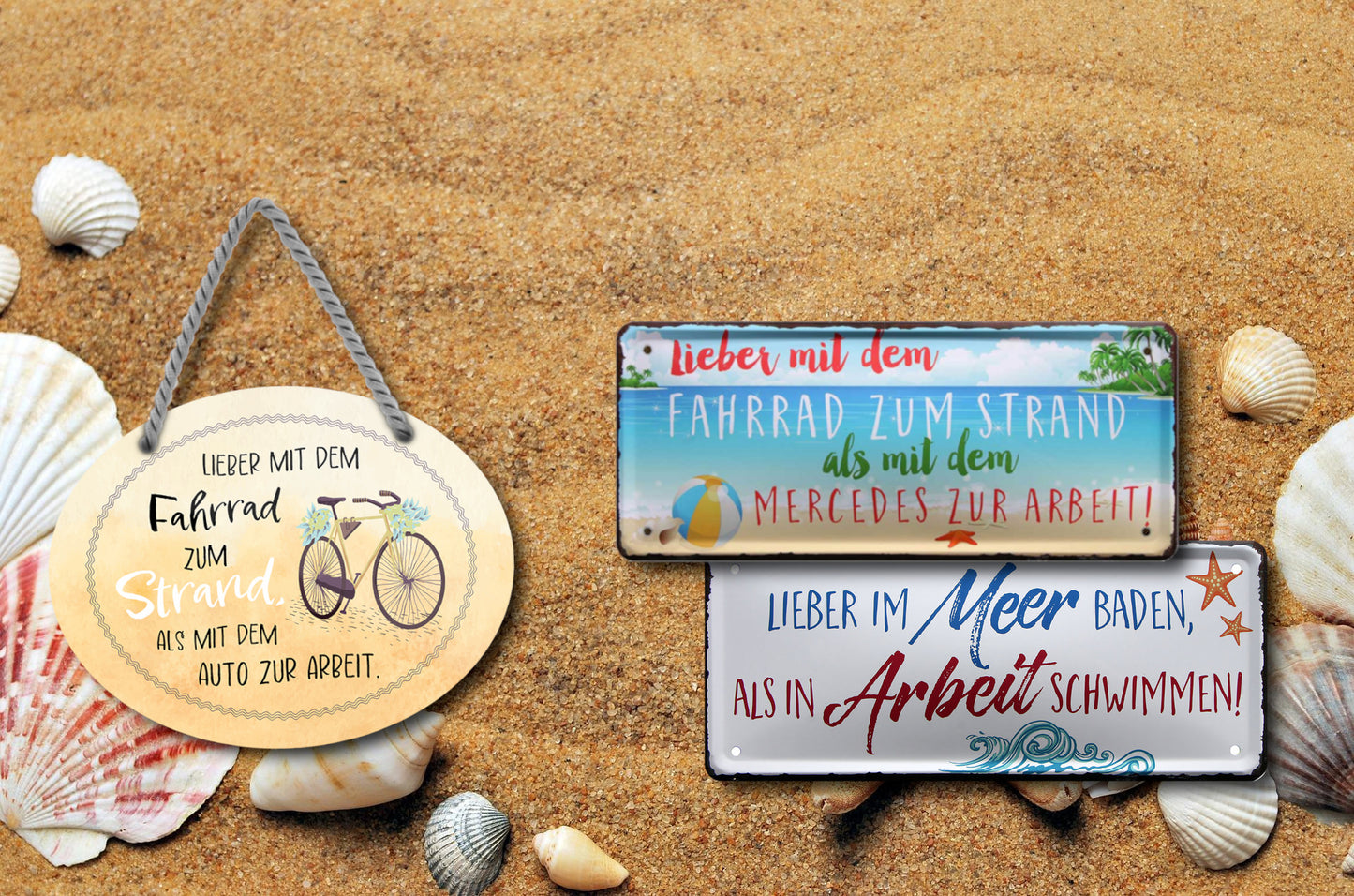 Blechschild ''Lieber mit dem Fahrrad zum Strand als zur Arbeit'' 18x14cm