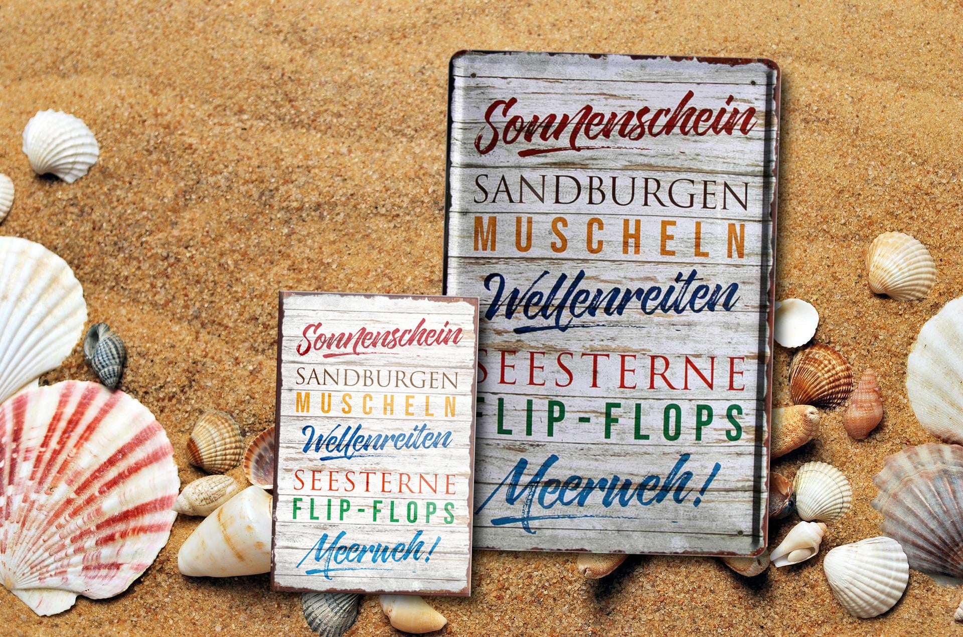 Blechschild ''Sonnenschein, Sandburgen, Muscheln'' 20x30cm