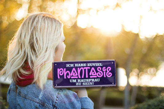 Blechschild ''Ich habe zuviel Phantasie um Hausfrau zu sein!'' 28x12cm
