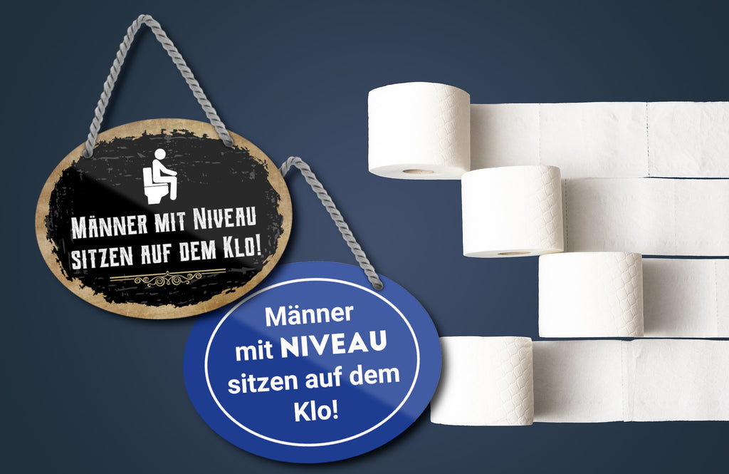Blechschild ''Männer mit Niveau sitzen auf dem Klo (blau)'' 18x14cm