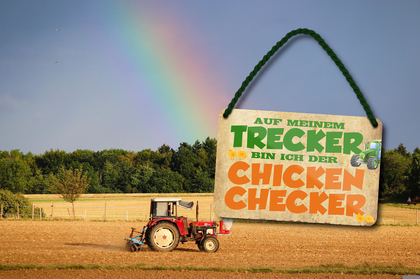 Blechschild ''Auf meinem Trecker bin ich der Chicken Checker'' 18x12cm