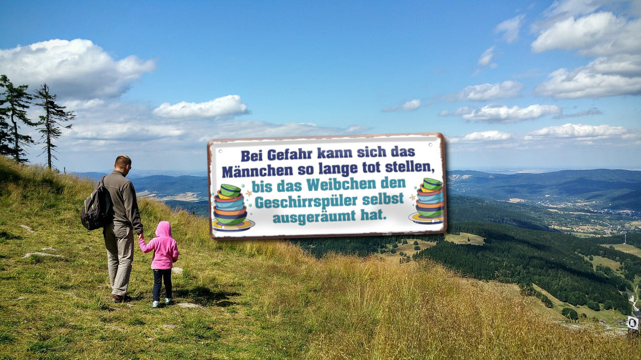 Blechschild ''Bei Gefahr kann sich das Männchen tot stellen'' 28x12cm