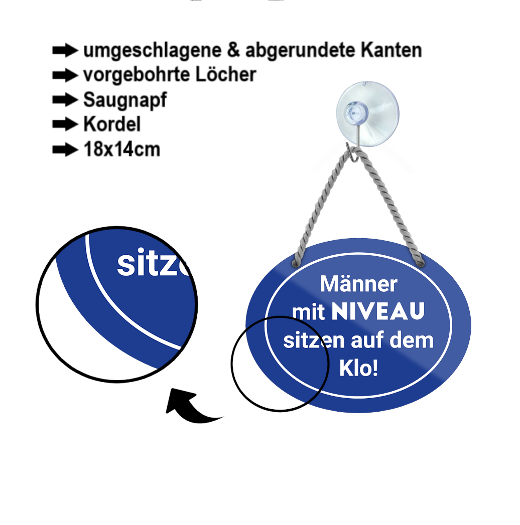 Blechschild ''Männer mit Niveau sitzen auf dem Klo (blau)'' 18x14cm