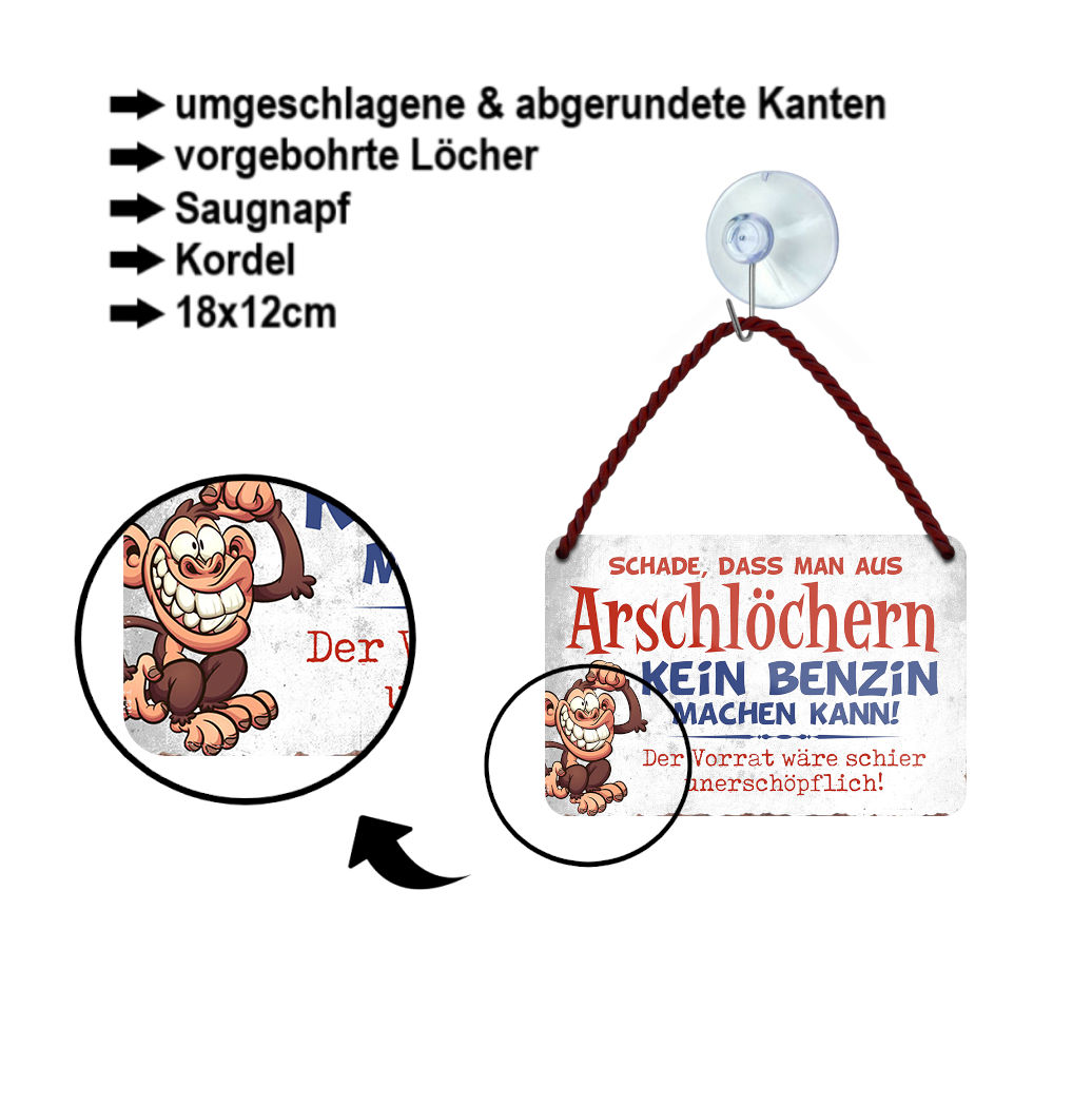 Blechschild ''Schade aus Arschlöchern kein Benzin machen kann'' 18x12cm