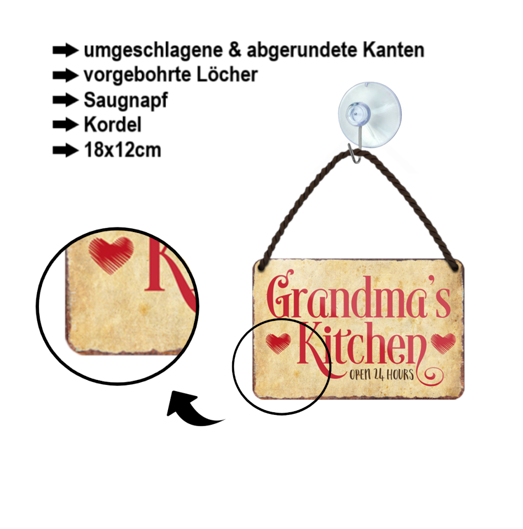 Blechschild ''Grandma´s Kitchen open 24 hours'' 18x12cm