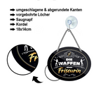 Blechschild ''Die Waffen einer Friseurin'' 18x14cm