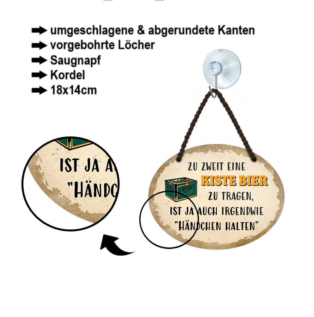 Blechschild ''Zu Zweit eine Kiste Bier tragen ist Händchen halten'' 18x14cm