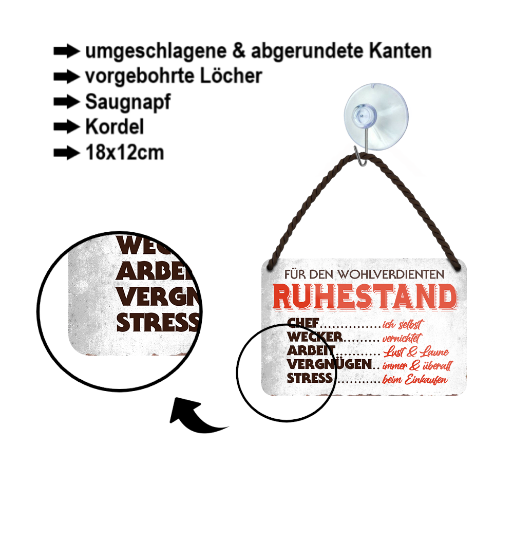 Blechschild ''Für den wohlverdienten Ruhestand'' 18x12cm