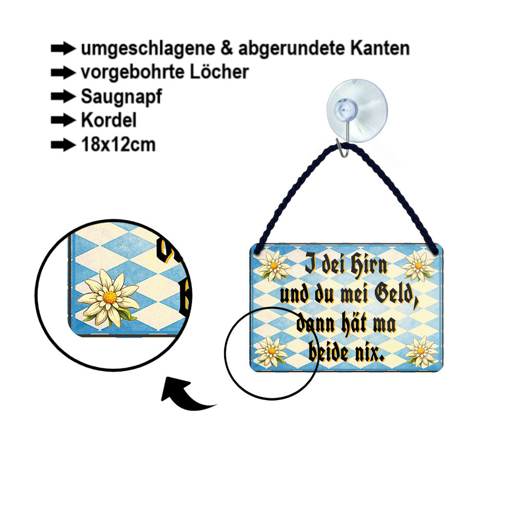Blechschild ''I dei hirn und du mei Geld, dann hät ma beide nix'' 18x12cm